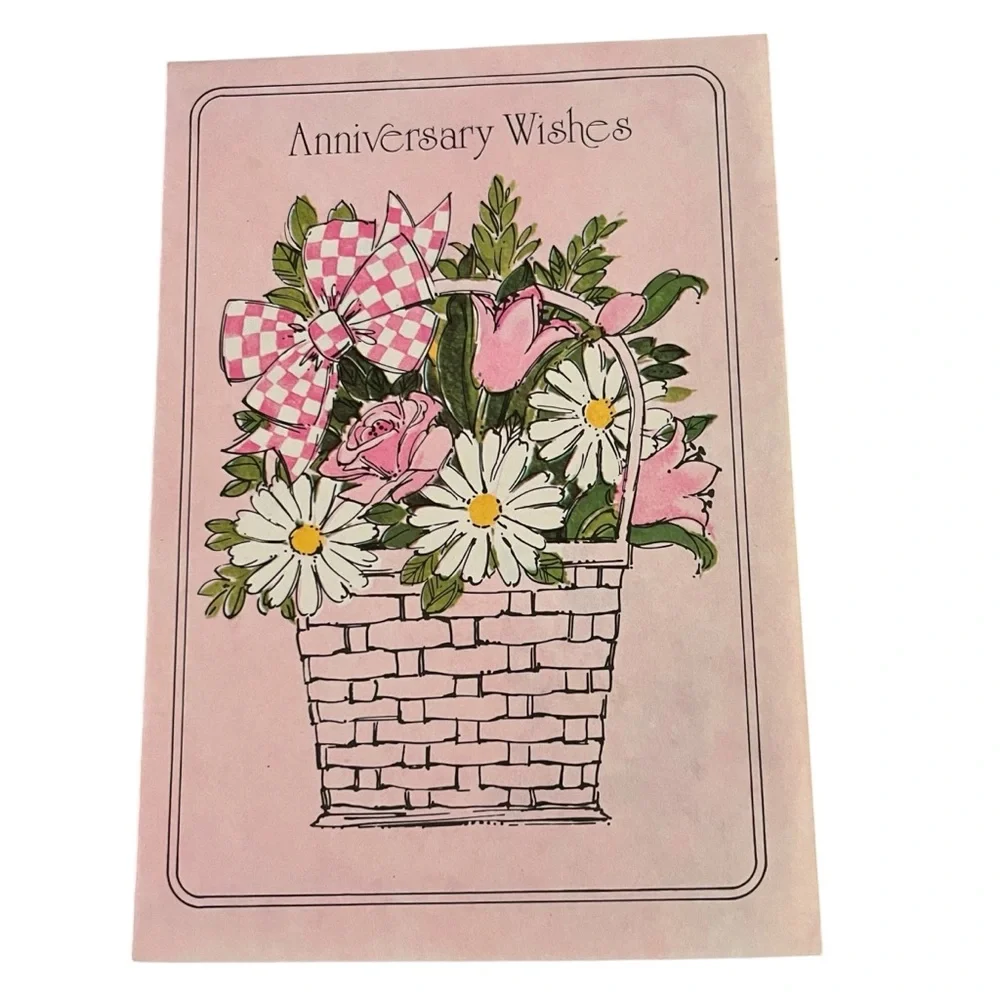 Unused Vintage Greeting Card Anniversary Wishes Pink Floral Basket Ephemera